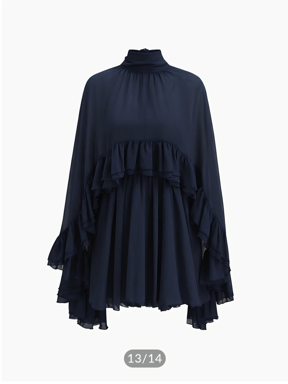 Navy Semi-Sheer Chiffon Ruffle Dress With Outer Cape.